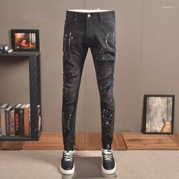 Men's Jeans Fashion Streetwear Men Retro Black Grey Stretch Slim Fit Vintage Ripped Painted Designer Hip Hop Pants Hombre