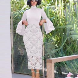 Casual Dresses 2023 Spring High-end Fairycore Sexy White Young Lace Turtleneck Full Flare Sleeve Style High Waist Women Long Pencil Dress