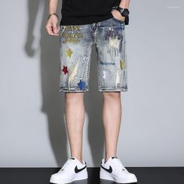 Men's Jeans High Quality Handsome Personalised Embroidery Print Pattern Ripped Scratched Denim Split Shorts Knee Length