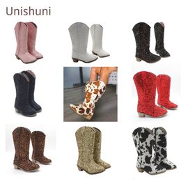 Sneakers Unishuni Spring Autumn Boots for Girls Children High Heel Bling Glitter Boot Knee High Western Cowboy Boot with Zip Fashion Shoe 230811