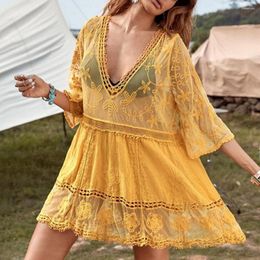 Women's Swimwear Swimsuits Woman 2023 Sexy Beach Cover Up V-neck Women Tunic Dress Sarong Bikini Crochet Top For Beachwear