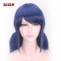 Cosplay Wigs XCJLW LB Wigs Peluca Marinette Girls Women Cosplay Double Ponytail Braids Short Straight Blue Hair 230810