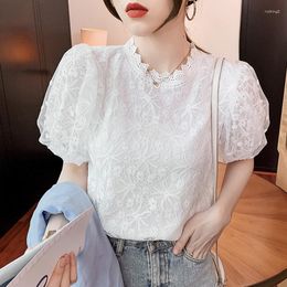 Women's Blouses Vintage Embroidery Mesh Lace Blouse Women Short Sleeve White Shirt Tops Lady Elegant Slim Summe Female Shirts Blusa Mujer