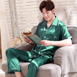 Men's Sleepwear Men Ice Silk Pyjamas Pyjama Sets Nightclothes L XXL 3XL 4XL Long Sleeves Pants Smooth Solid Colour Lounge Set