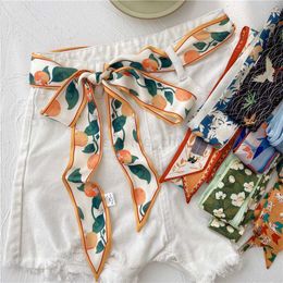 Belts Fashion Art Floral Printing Narrow Lengthen Summer Dress Belt For Women Satin Silk Neckerchiefs Hair Band Bag Ribbons Lady Belt