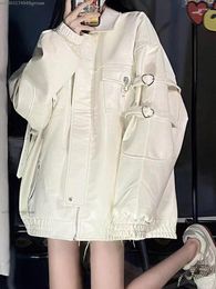 Women's Leather Vintage Y2k Girl Oversize Loose White Jacket Baseball Uniform Female Autumn 2023 Pocket Casual Coat