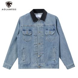 Men's Jackets High Quality Hit Color Lapel Washed Denim Oversized Single Breasted Jeans Jacket Autumn Fashion Unisex Outwear 230810