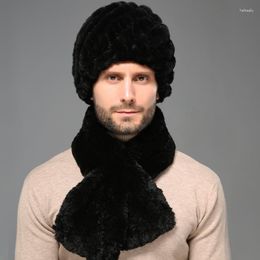 Berets Men's Real Rex Fur Hat Scarf Sets Winter Warm Beanie Cap Headwear Black Dark Grey