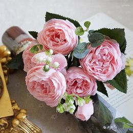 Decorative Flowers 30cm Silk Peony Bouquet Artificial 5 Heads Bride Wedding Home Decoration Fake Faux Plants