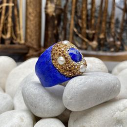 Wedding Rings European and American style lapis lazuli pearl inlaid ring bracelet set ladies personality simple and elegant Jewellery 230810