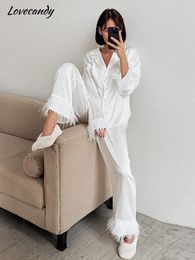 Womens Tracksuits Feather Spliced White Homewear Suits Women Elegant Loose Shirt And Pants Two Piece Set Spring Female Casual Fashion Trouser Suit 230810