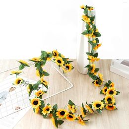 Decorative Flowers 8.2ft Artificial Sunflower Garland Vine Silk With Green Leaves For Hanging