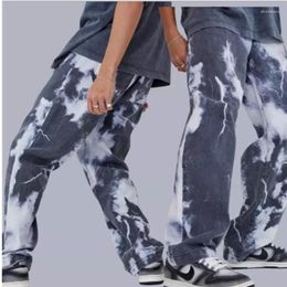 Men's Jeans Drop Men Casual Loose Straight Denim Pants 2023 Tie Dye Print Sky Blue Long Trouser