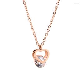 Pendant Necklaces Korean Fashion Titanium Stainless Steel Rose Gold Color CZ Crystal Double Love Heart Choker Necklace For Women Gift