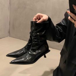 Luxury Fall 2023 New Fashionable French Kitten Heel Stylish Wrinkle Elastic Slim Boots Pointed Sexy Martin Boots 230811
