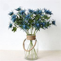 Decorative Flowers 3-Fork Artificial Real Touch Eryngium Thistle Stem Plant Home Garden Dining Table Decoration Creative Art Flower