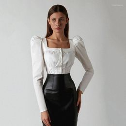 Women's Polos FD8834 2023 Spring Summer Sex Top Women Wear Thin Waist Bubble Sleeve Single Breasted Shirt Plus Size Blouse