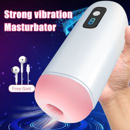 Masturbators Automatic Male Masturbator Cup Strong Vibration Digital Blowjob Machine Real Pussy Masturbation Sex Toys for Men 230811