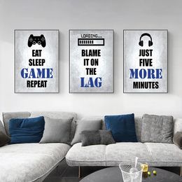 Canvas Painting Video Game Themed Gamer Wall Art Posters Black White and Blue Gaming Bedroom Home Decor Pictures Teen Room Decoration Wo6