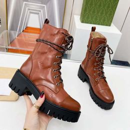 New Autumn and Winter Top Brand High-end cowhide Boots Women's Designer G Quilted Lace up Black Boots Martin Boots Electroembroidered version plate Leather Boots35-41