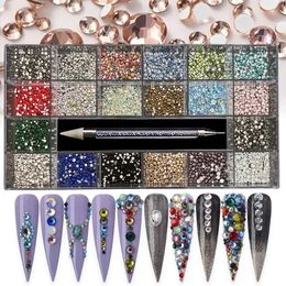 21 Grid Colorful Crystal Glass Gems Set - Perfect for Nail Art & Crafts - Includes Double-end Drill Pen