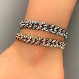 TOP Hop Iced Out Bling Rhinestone Cuban Chain Anklets for Women Men Fashion Gold Silver Color Metal Chunky Foot Bracelet Jewelry 230719