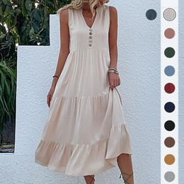 Party Dresses Midi Dress Women Sleeveless Tank Casual Summer V Neck Buttons Ruffle Loose Beach Soild Sundress Fashion