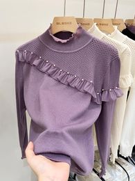 Women's Sweaters 2023 Spring Designed Half-High Collar Long Sleeves Knitwear Sweater Korean Fashion Ruffled Solid Colour Pullovers Tops