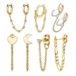 Stud Earrings 1pc 2023 Ear Hole Piercing For Women Moon Heart Gold Chain CZ Crystal Double Circle Huggies Jewelry