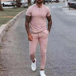 Men's Tracksuits Ladiguard Plus Size Men Set Casual Summer 2023 Short Sleeve Notched T-shirt Drawstring Pants Mens Two Piece Outfits Ropa