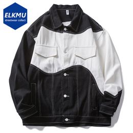 Mens Jackets Streetwear Fashion Denim Black White Patchwork Harajuku Hip Hop Oversized Y2K Coat Outwear 230810