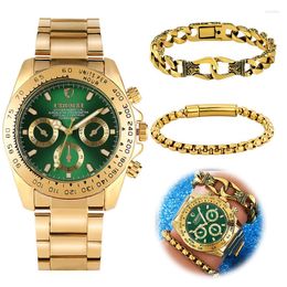 Wristwatches Luxury Men's Full Golden Bracelet Metal Bracelets Chain With Business Quartz Wrist Watch Steel Band Modern Gift For Husband Box