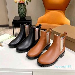 Designer - Women Boots Cheque Leather Boots Striped Ankle Boot Luxury Brown Shoes Winter Coarse Heel Booties