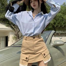 Work Dresses Korean Striped Beading Doll Collar Long-Sleeved Shirt American Tooling Casual Short Skirt Age Reducing Colour Fashion Clothing