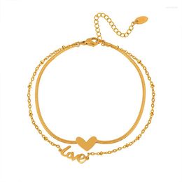 Anklets 18K Gold Plated Stainless Steel Heart Love Letters Pendant Layered Flat Snake Chain For Women Waterproof Foot Jewellery