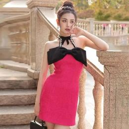 Casual Dresses High Qulity Luxury Design Runway Summer Women Vintage Hanging Neck Splicing Bow Party Dress