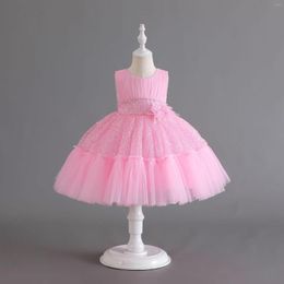 Girl Dresses Baby Pink Christening Dress Infant Toddler Flowers Sequined Ball Gowns Children Kids Birthday Tulle Costume 1-7 Years