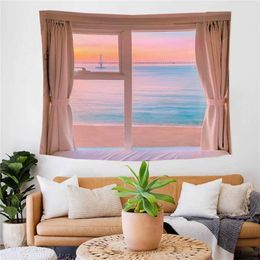 Tapestries Window View Wall Hanging Tapestry Nature Landscape Printing Yoga Mat Curtain Tapestry Suitable for Room Customizable