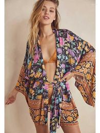 Women's Swimwear Flordevida Floral Print Kimono Cover-ups Women Open Stitch Summer Beach Bikini Belted Holiday Boho Tops