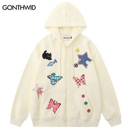 Men's Hoodies Sweatshirts Harajuku Hoodie Coat Streetwear Funny Embroidery Star Butterfly Cat Zipper Hooded Sweatshirt Jacket Hip Hop Fashion Loose Coats 230810