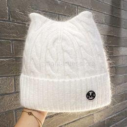 Beanie/Skull Caps Simple Girl Angora Rabbit fur ear Beanie Hat for Women Winter Skullies Warm wool Panama fashion Gorros Female Bomber Cap