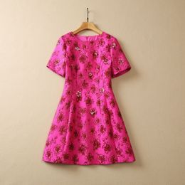 Summer Hot Pink Floral Beaded Jacquard Dress Short Sleeve Round Neck Sequins Short Casual Dresses S3W110511