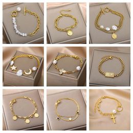 Link Bracelets Stainless Steel Layered Pendant Bracelet For Women Retro Punk Gothic Portrait Cross Pearl Jewelry Drop