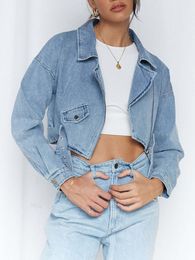 Womens Jackets Fitaylor Spring Autumn Women Vintage Loose Short Denim Jacket with Belt Lady Streetwear Lapel Zipper Moto Biker Jean Coat 230810