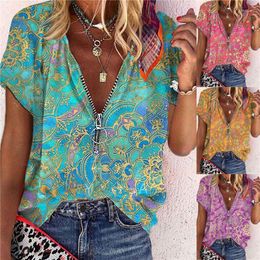 Women's Blouses Summer Fashion Vintage Printed Zipper V-neck Casual Short Sleeve Shirt Loose Soft And Comfortable Thin Top T-shirt