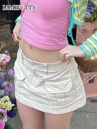 Skirts IAMTY White Cargo Mini Skirt Women Dropped Waist Straight Pencil Skirts Vintage Grunge Skirt Casual Basic Bottoms Y2K Outfit 230811