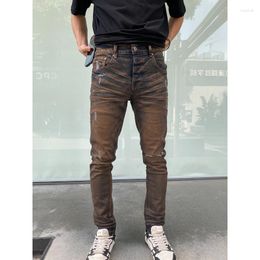 Men's Jeans AM Fashion Brand Pants Hip Hop Yellow Mud Color Jean Streetwear Ripped Trousers Letter Embroidery Slim Stretch Denim