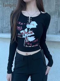 Women's TShirt Tonngirls Retro Print Rose T Shirt Women Elastic Skinny Ribbed Crop Tops Y2k Grunge Aesthetic Tee Egirls Streetwear Tshirt 230810