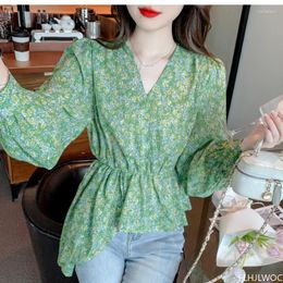 Women's Blouses 2023 Fall Autumn Cute Japan Korean Style Design Clothes Retro Vintage Floral Print Green Peplum Tops Short Blosas