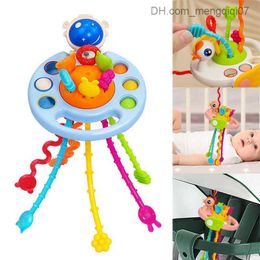 Pull Toys 4-in-1 development of dental Montessori sensor toys baby toys 1-3 years of silicone frisbee pull rope education baby toys Z230814
